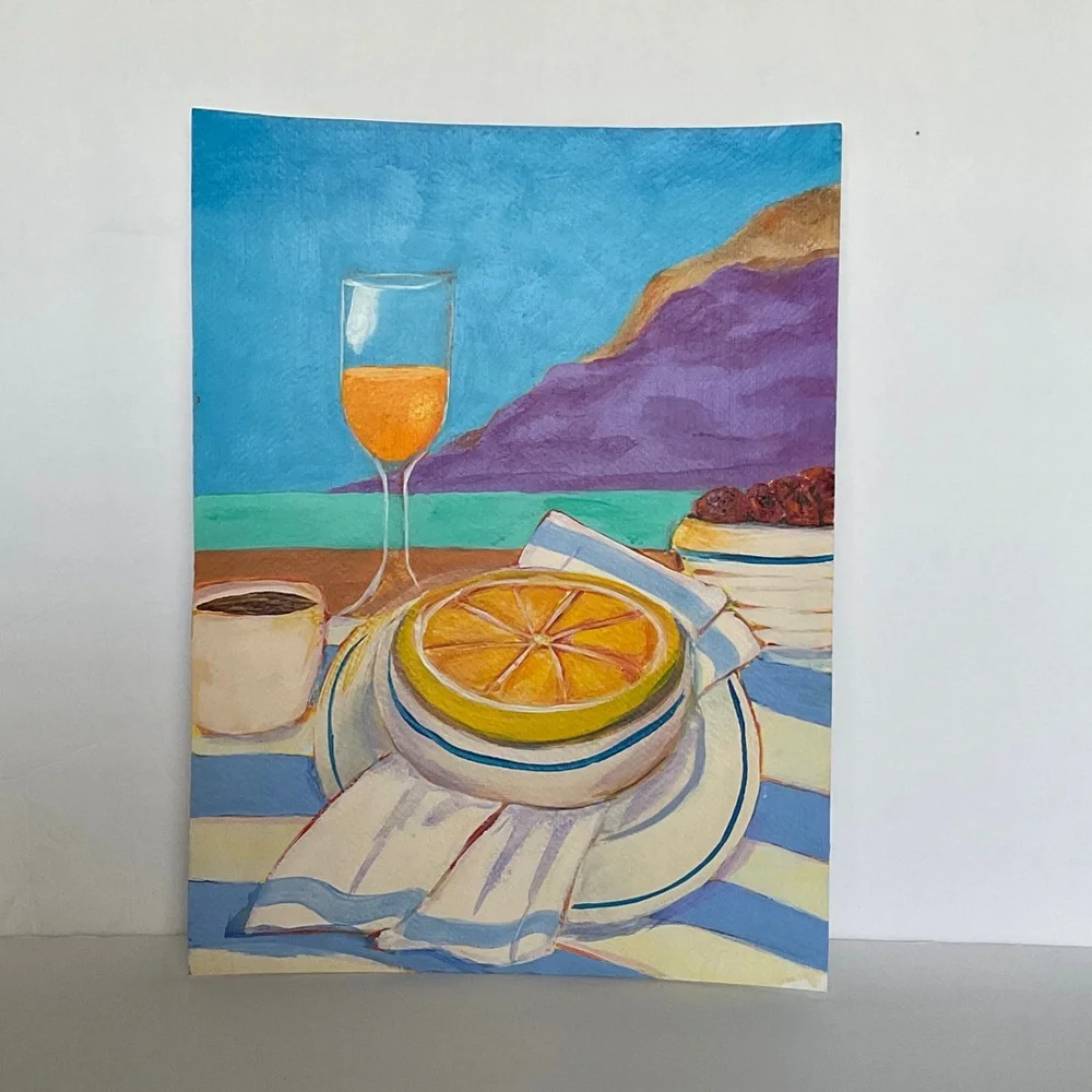 Original Artwork Colorful Acrylic Beachside Still Life Painting With Fruit - Picture 5 of 14